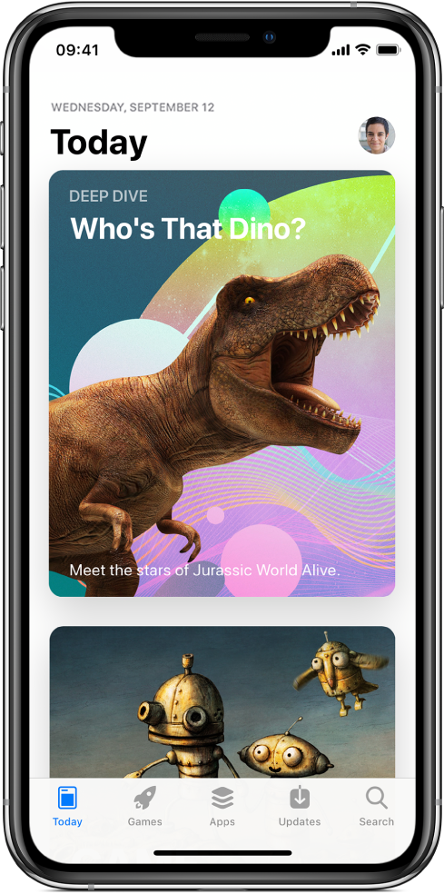 Na zaslonu Danas aplikacije App Store prikazuje se izdvojena aplikacija. Vaša profilna slika, koju dodirnete da vidite kupnje, nalazi se u gornjem desnom kutu. Uz donji rub zaslona, slijeva na desno, nalaze se kartice Danas, Igre, Aplikacije, Ažuriranja i Traži.