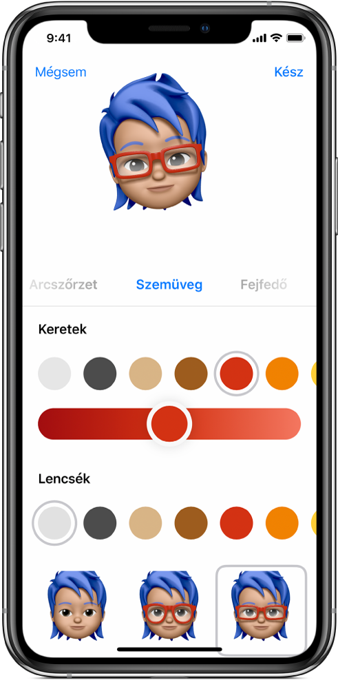 A Memoji létrehozására használható képernyő, amelynek tetején a létrehozni kívánt karakter látható, alatta a testreszabni kívánt jellegzetességek, alattuk pedig a kijelölt jellegzetességhez tartozó beállítások. A Kész gomb a jobb felső részen, a Mégsem gomb pedig a bal felső részen található.