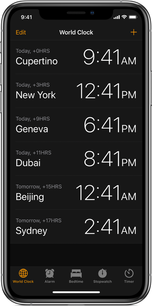 Картица World Clock на којој је приказано време у различитим градовима. Тапните на Edit у левом горњем делу екрана да бисте уредили часовнике. Тапните на дугме Add у горњем десном делу екрана да бисте додали још. Дугмад Alarm, Bedtime, Stopwatch и Timer су смештена дуж доње ивице.