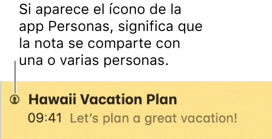 Una nota con un ícono de personas a la izquierda del título muestra que la nota está compartida con una o más personas.