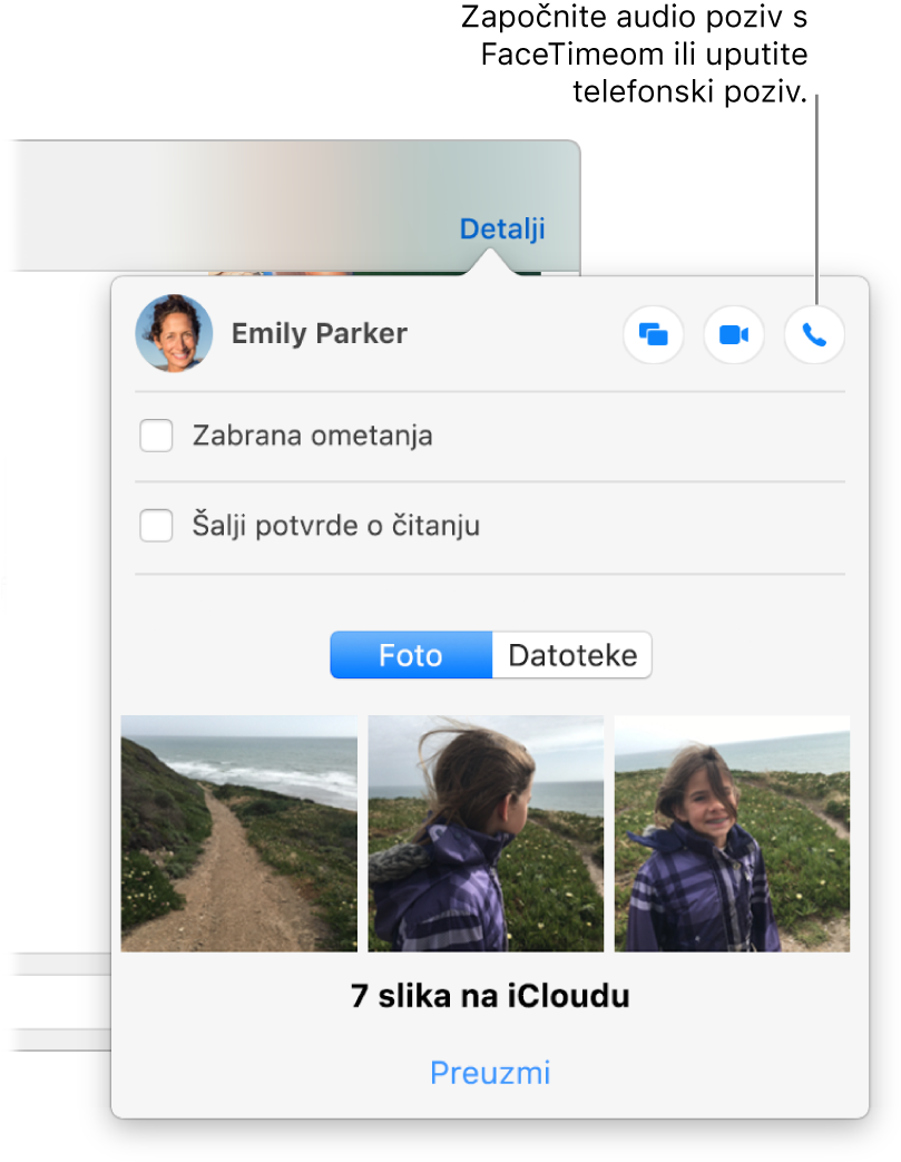 Prikaz Detalji, koji se pojavljuje nakon što kliknete na Detalji u razgovoru. Tipka Audio u gornjem je desnom uglu.