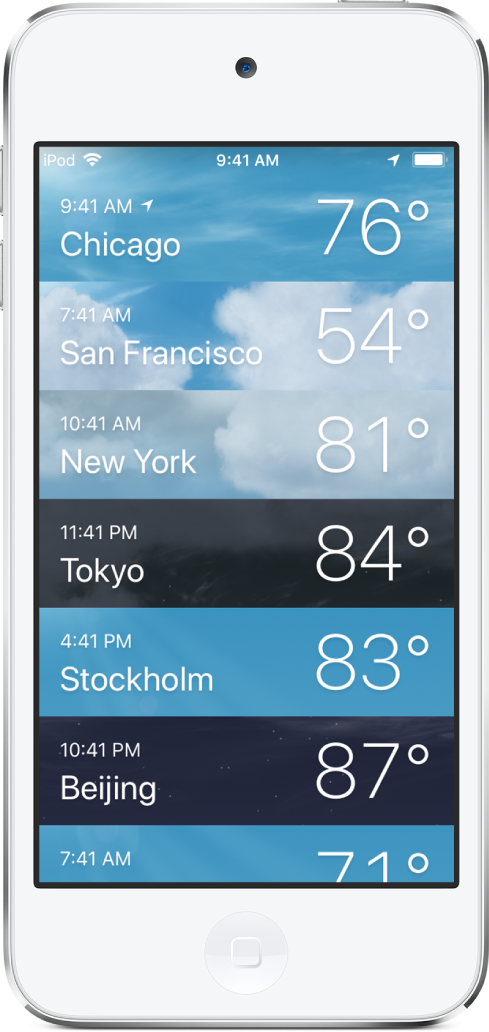 A list of cities showing the time and current temperature for each.