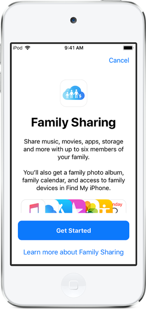 The screen for beginning Family Sharing setup. It lists the items you can share with family members, including music, movies, apps, storage, a family photo album, and a family calendar. At the bottom are a Get Started button and a link to learn more about Family Sharing.