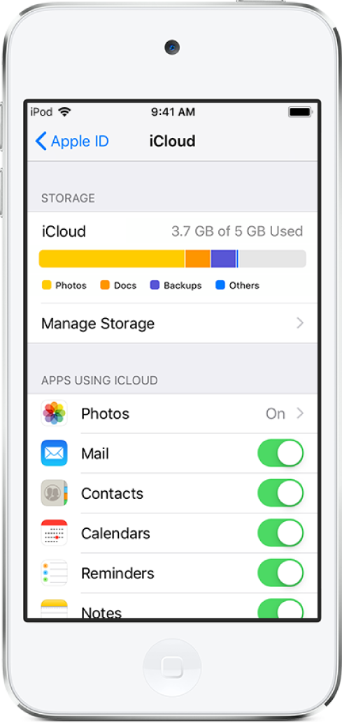 The iCloud settings screen showing the iCloud Storage meter and a list of apps and features, including Mail, Contacts, and Messages, that can be used with iCloud.