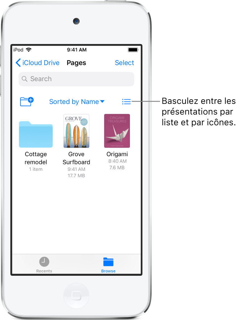 Un emplacement iCloud Drive pour les fichiers Pages. Les éléments sont triés par nom et se composent d’un dossier nommé « Cottage remodel » et de deux documents : Grove Surfboard et Origami.