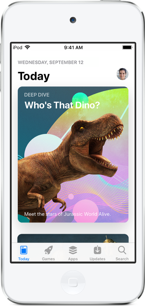 L’écran Aujourd’hui de l’App Store, avec une app recommandée. En bas de l’écran, de gauche à droite, se trouvent les onglets Aujourd’hui, Jeux, Apps, Mises à jour et Recherche.