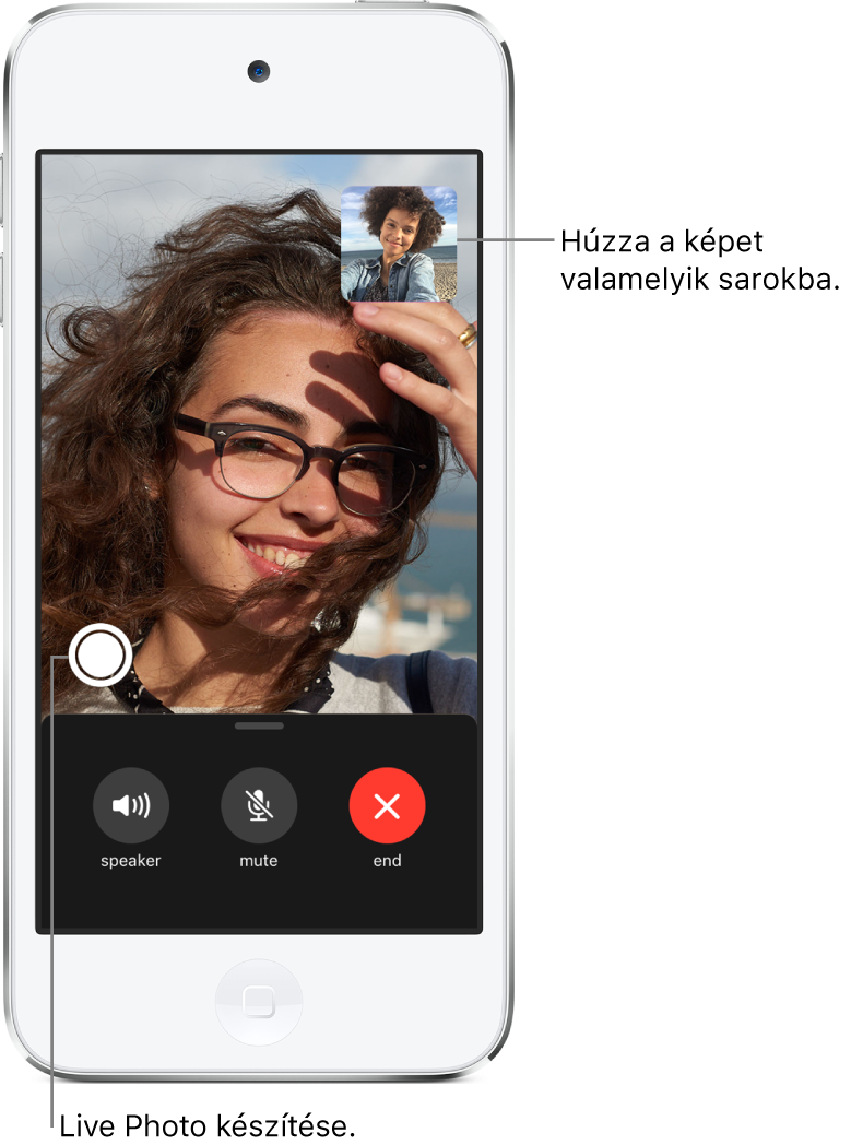 A FaceTime képernyője egy folyamatban lévő hívással. Ön a jobb felső részen lévő négyzetben jelenik meg, a másik személy pedig a képernyő többi részén látható. A képernyő alján a következő gombok találhatók: Hangszóró, Némítás és Vége.