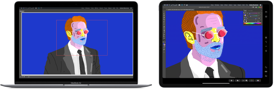 جهاز MacBook Air و iPad جنبًا إلى جنب. يعرض الـ MacBook Air عملاً فنيًا داخل نافذة المتصفح في Illustrator. يعرض الـ iPad نفس العمل الفني في نافذة مستند في Illustrator، محاطًا بأشرطة أدوات.