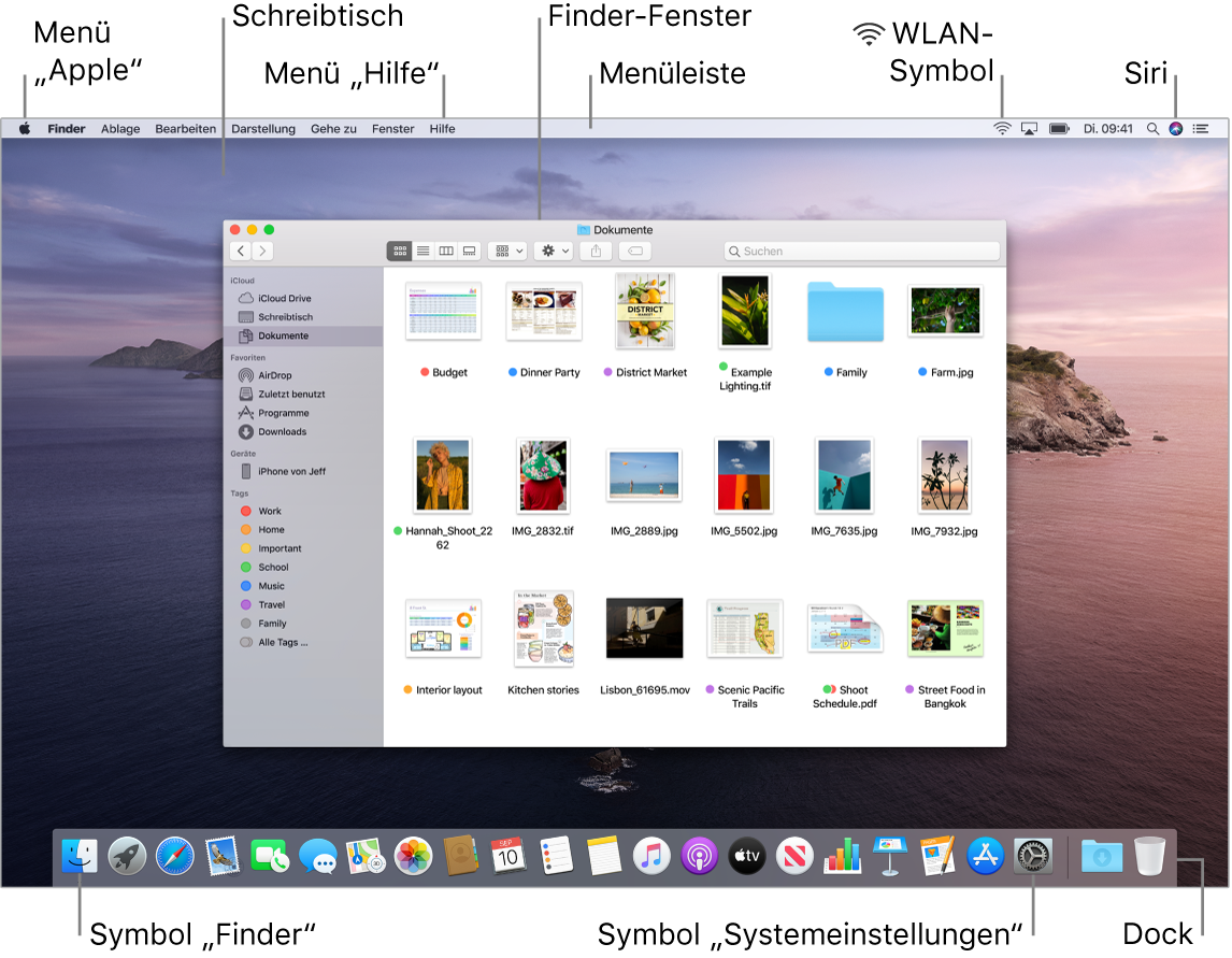 Mac-Bildschirm mit dem Menü „Apple“, dem Schreibtisch, dem Menü „Hilfe“, dem Finder-Fenster, der Menüleiste, dem WLAN-Symbol, dem Symbol „Siri fragen“, dem Finder-Symbol, dem Symbol für die Systemeinstellungen und dem Dock