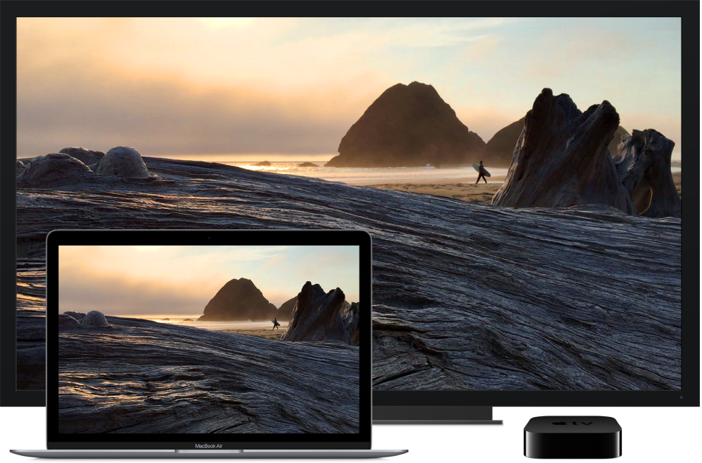 A MacBook Air with its content mirrored on a large HDTV using an Apple TV.