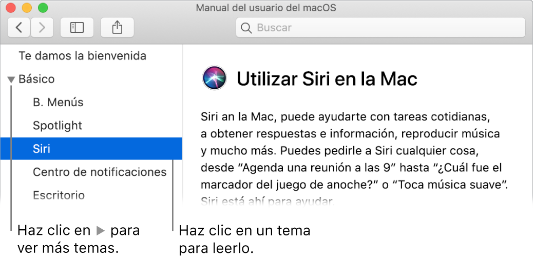 Visor de Ayuda mostrando cómo ver temas en la barra lateral y cómo mostrar el contenido de un tema.