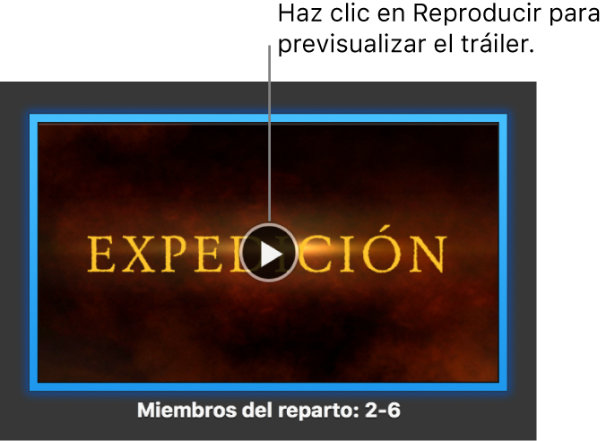 Pantalla de un tráiler de iMovie mostrando el botón Reproducir.