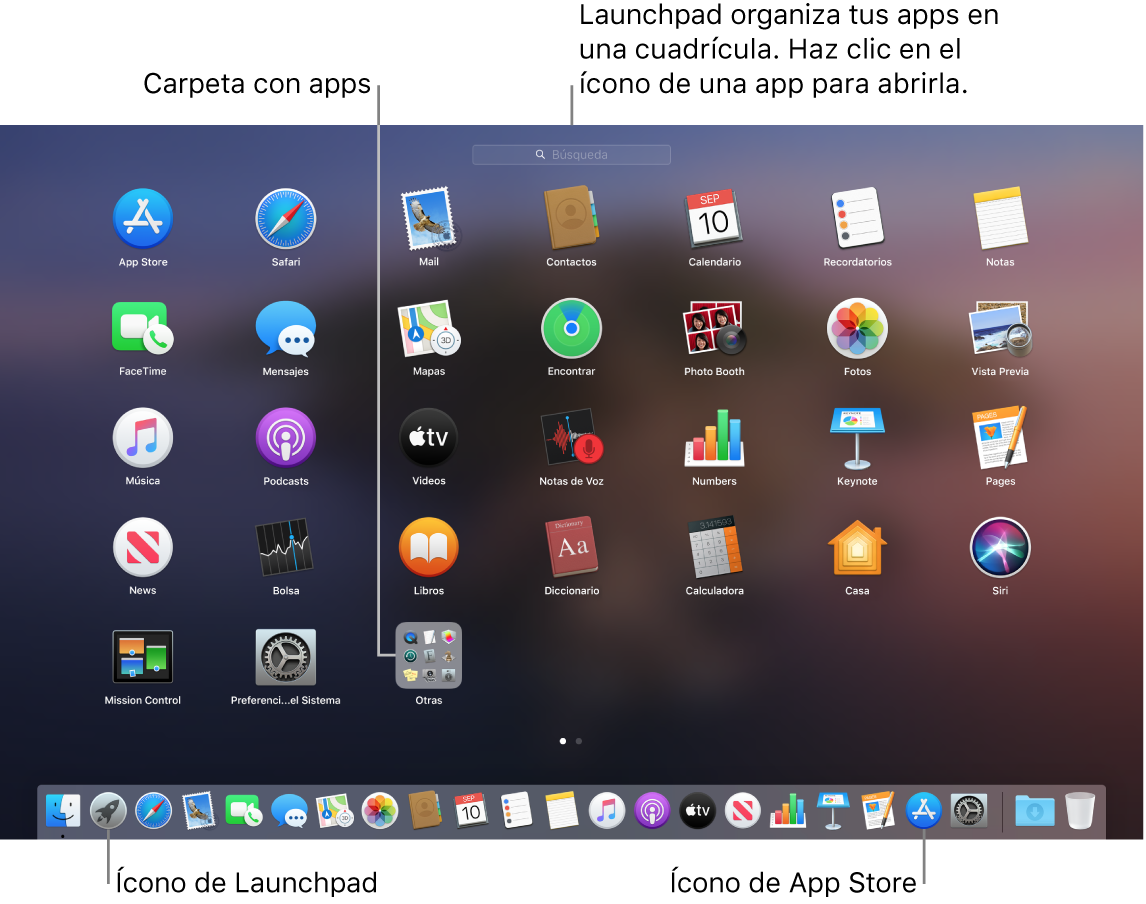 La pantalla de la Mac con el Launchpad abierto, mostrando una carpeta de apps en el Launchpad y los íconos del Launchpad y de Mac App Store en el Dock.