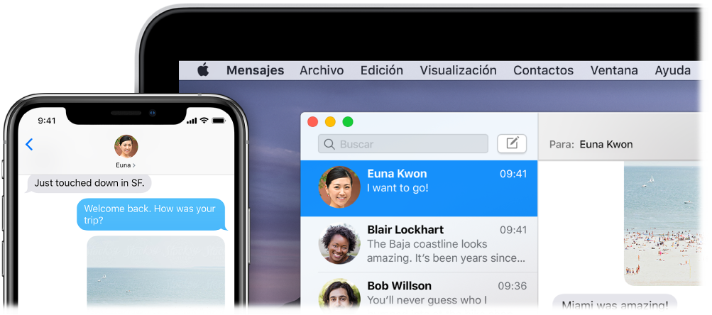 La app Mensajes abierta en una Mac mostrando la misma conversación en Mensajes en un iPhone.