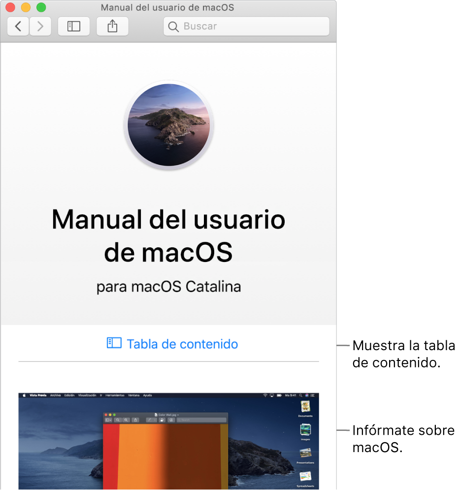 Página de bienvenida del Manual del usuario de macOS con el enlace de la tabla de contenido.