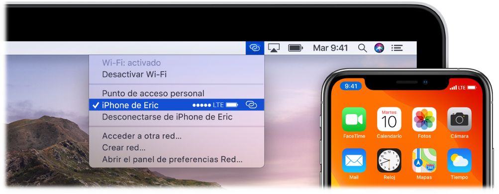 Pantalla de un Mac con el menú de la conexión Wi-Fi en el que se muestra la función “Compartir Internet” conectada a un iPhone.