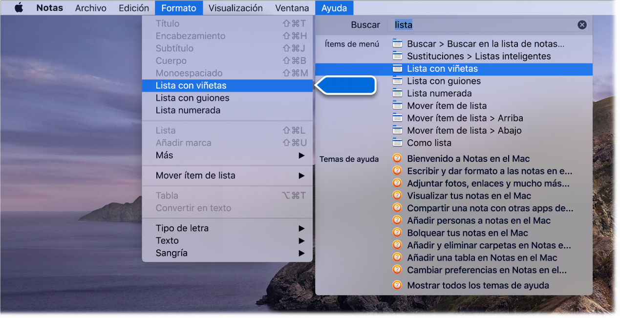 El menú de Ayuda que muestra una búsqueda de “lista” y el comando “Lista con viñetas” resaltado en la lista de resultados y en el menú Formato.