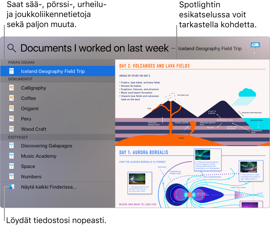 Spotlight-ikkuna, jossa näkyy hakutuloksia vasemmalla ja esikatselu oikealla.