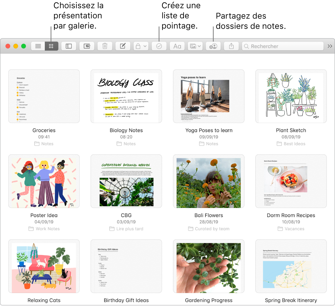 Une fenêtre Notes affichant le bouton de sélection de la présentation par galerie, le bouton de liste de pointage et le bouton de partage du dossier.