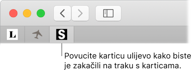 Prozor Safari prikazuje kako iglom označiti karticu u traci s karticama.