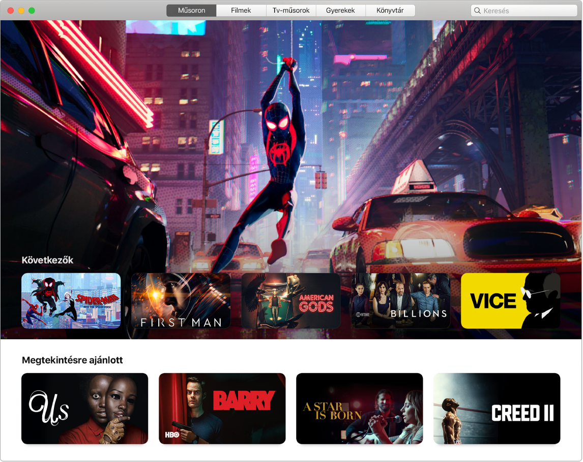 Az Apple TV alkalmazás egy ablakában a Műsoron nézet látható.