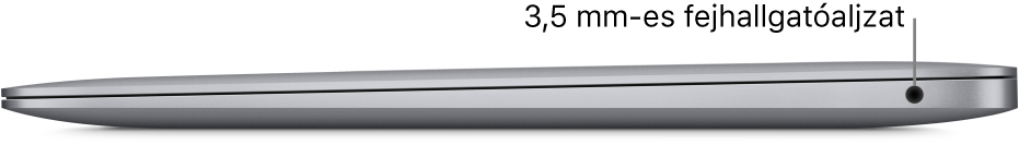 A MacBook Pro jobb oldali nézete a Thunderbolt 3 (USB-C) portokra és a 3,5 mm-es fejhallgató-csatlakozóra mutató feliratokkal.