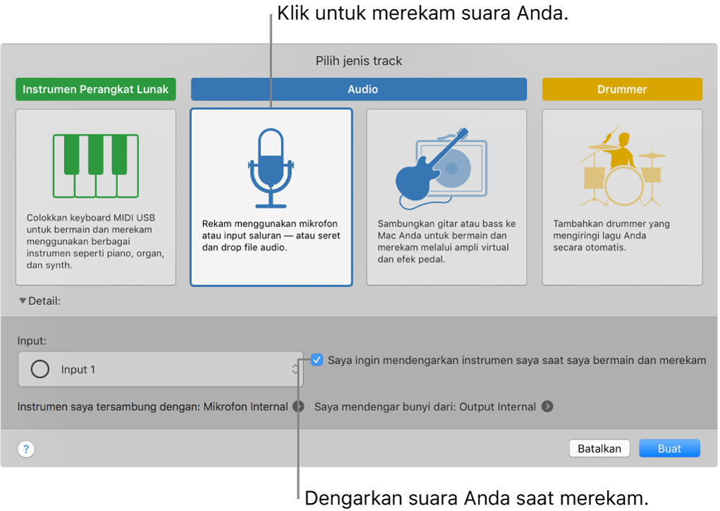 Panel instrumen GarageBand menampilkan tempat Anda mengeklik untuk merekam suara dan cara mendengarkan suara Anda sendiri saat merekam.