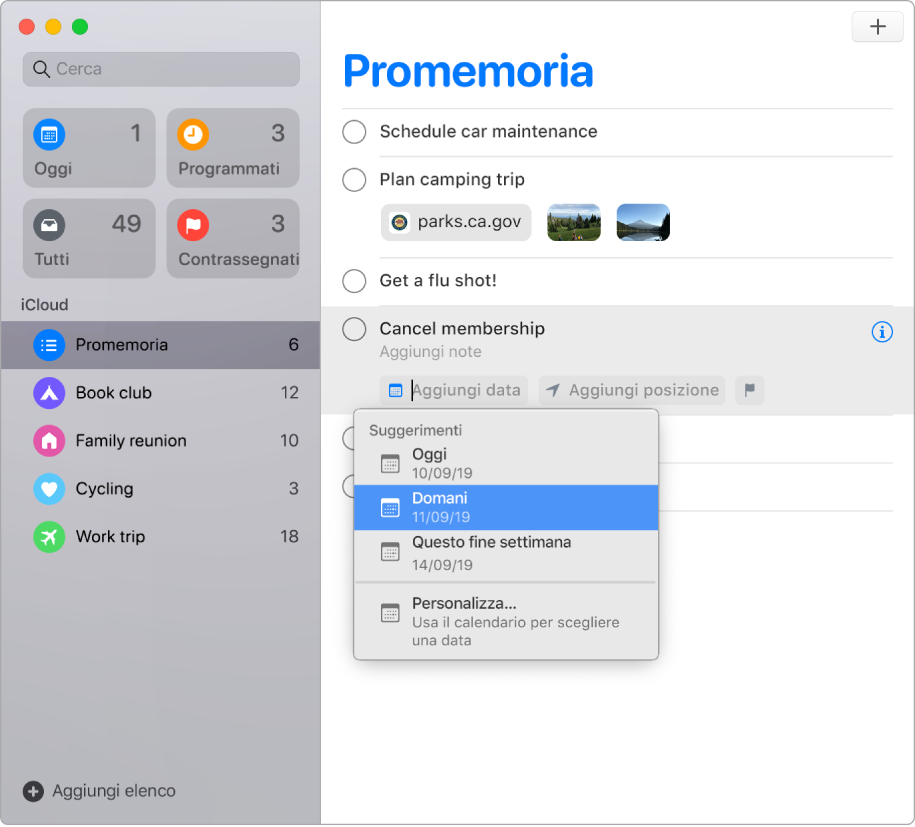 Una finestra di Promemoria con i pulsanti di modifica visibili per un promemoria. Il puntatore si trova su “Aggiungi data” ed è visibile un menu contenente suggerimenti per Oggi, Domani, “Questo fine settimana” e Personalizzata.