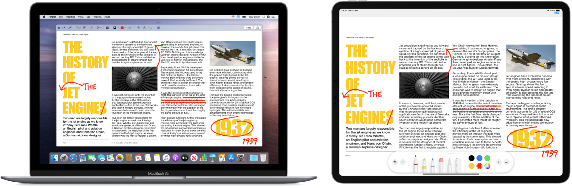 MacBook Air e iPad uno accanto all'altro. Entrambi gli schermi mostrano un articolo con modifiche disegnate in rosso, come frasi cancellate, frecce e parole aggiunte. iPad mostra i controlli di modifica nella parte inferiore dello schermo.