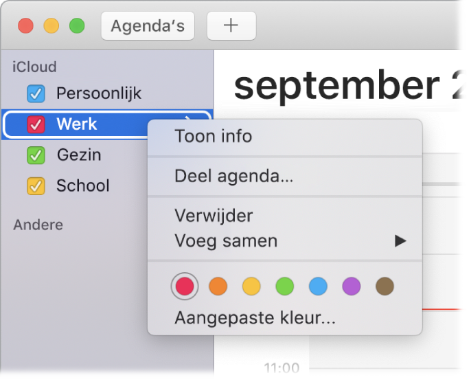 Het contextuele menu 'Agenda' met opties om de kleur van een agenda aan te passen.