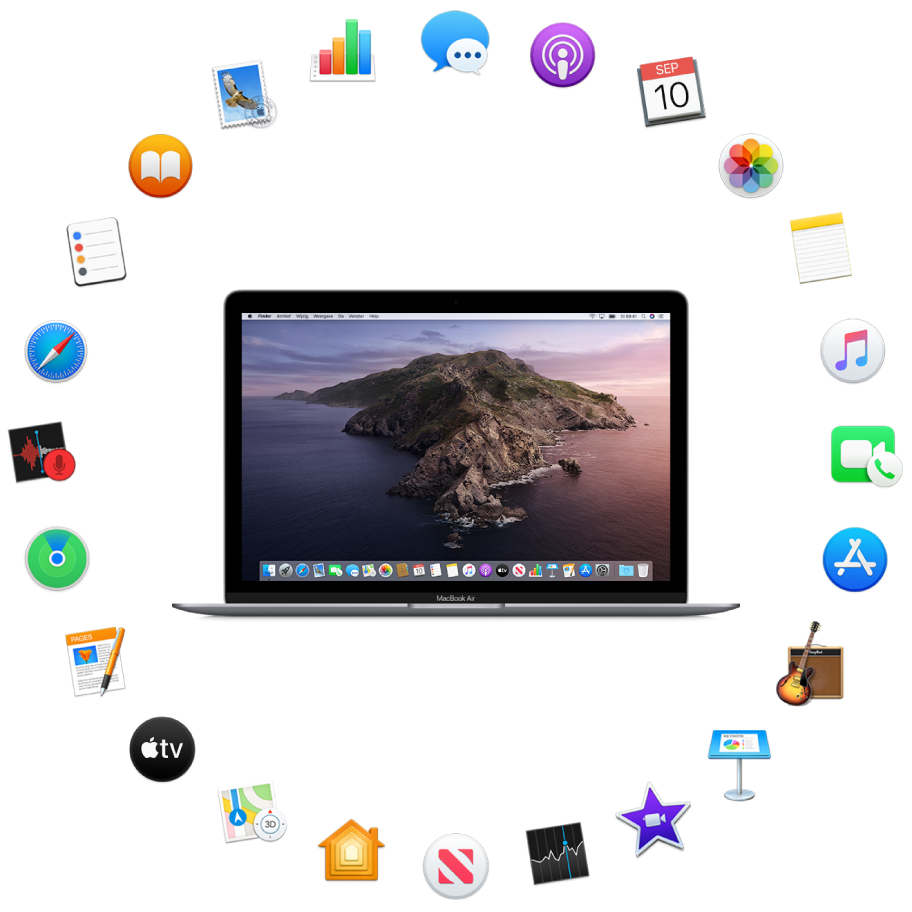 Een MacBook Air omringd door symbolen voor de apps die standaard worden meegeleverd en die hierna worden beschreven.