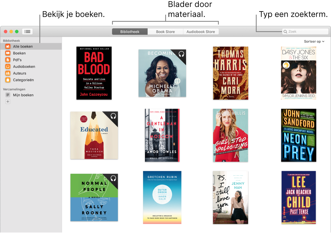 Een venster van de Boeken-app waarin wordt aangegeven hoe je boeken kunt bekijken, door samengestelde inhoud kunt bladeren en materiaal kunt zoeken.