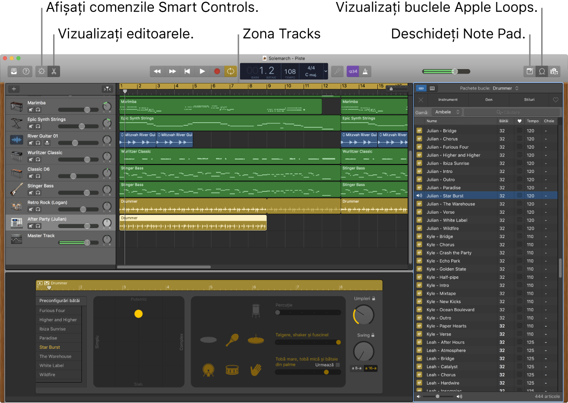 O fereastră GarageBand afișând butoanele pentru accesarea Smart Controls, Editori, Notițe și Apple Loops. De asemenea, aceasta indică afișarea pistelor.