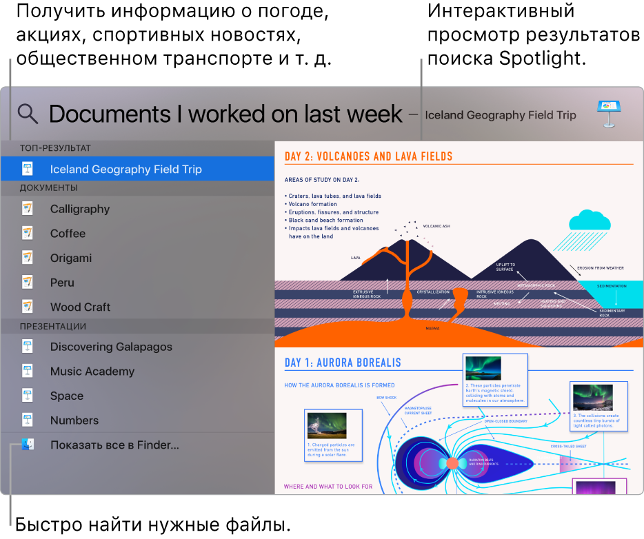 Окно Spotlight, в котором слева показаны результаты поиска, а справа — область предварительного просмотра.