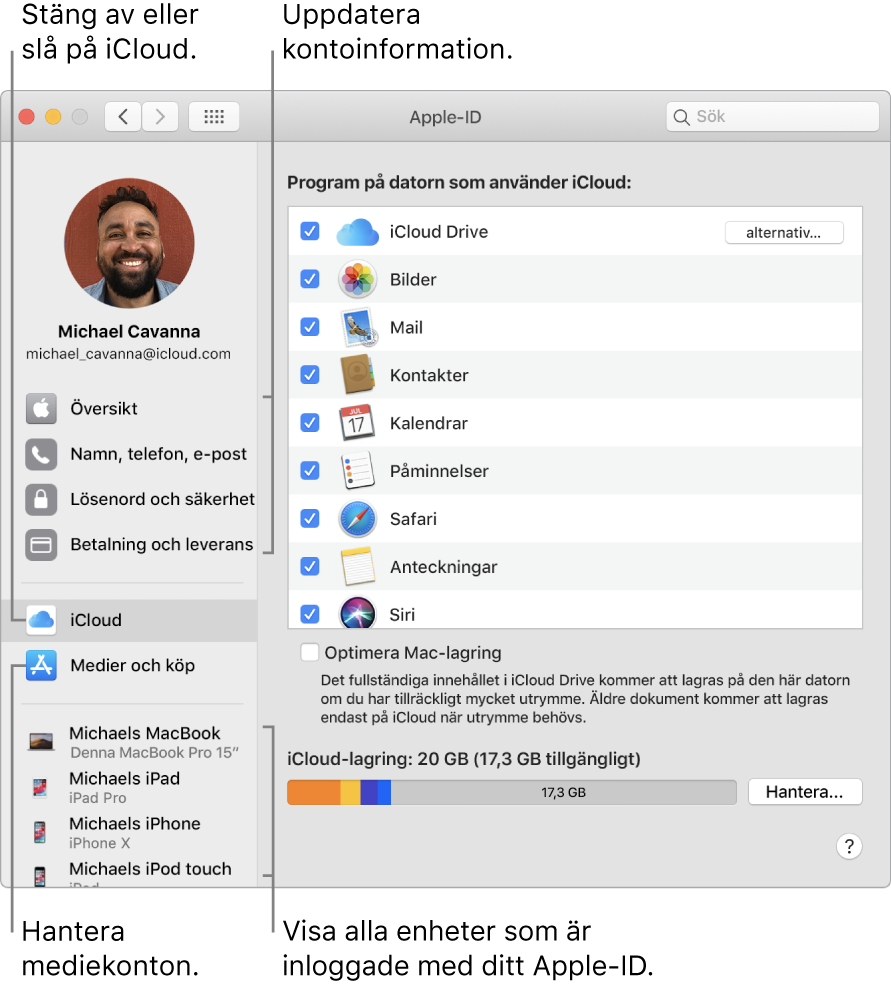 Panelen Apple-ID i Systeminställningar. Klicka på ett objekt i sidofältet för att uppdatera din kontoinformation, slå på eller stänga av iCloud, hantera mediekonton och se alla enheter där du är inloggad med ditt Apple-ID.
