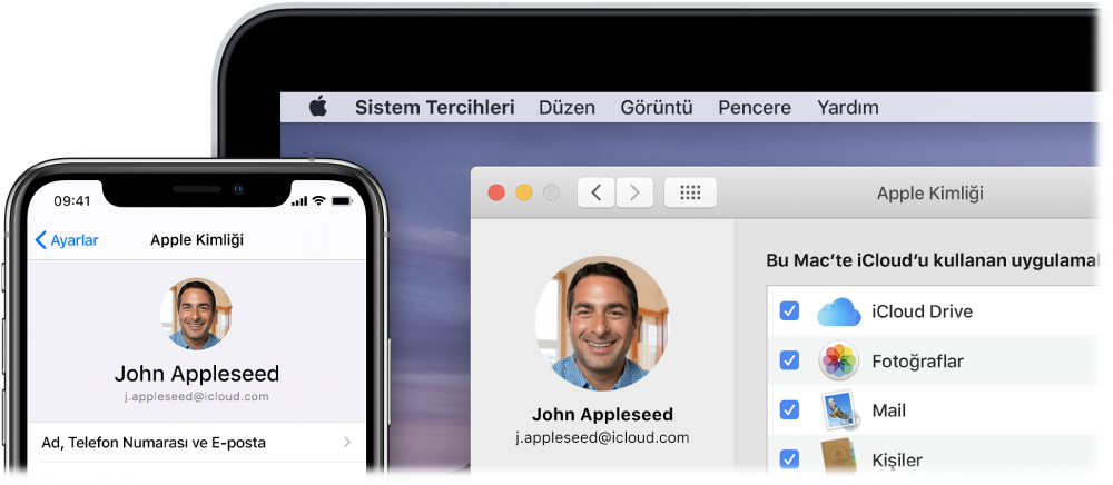 iCloud ayarlarını gösteren bir iPhone ile iCloud penceresini gösteren bir Mac ekranı.