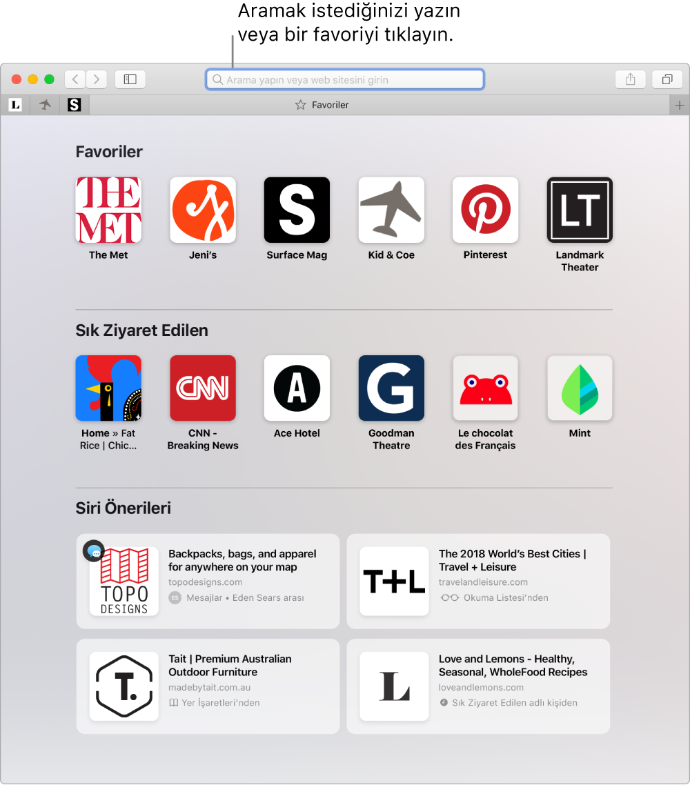 Favoriler görüntüsü gösterilen ve akıllı arama alanı vurgulanan bir Safari penceresi.