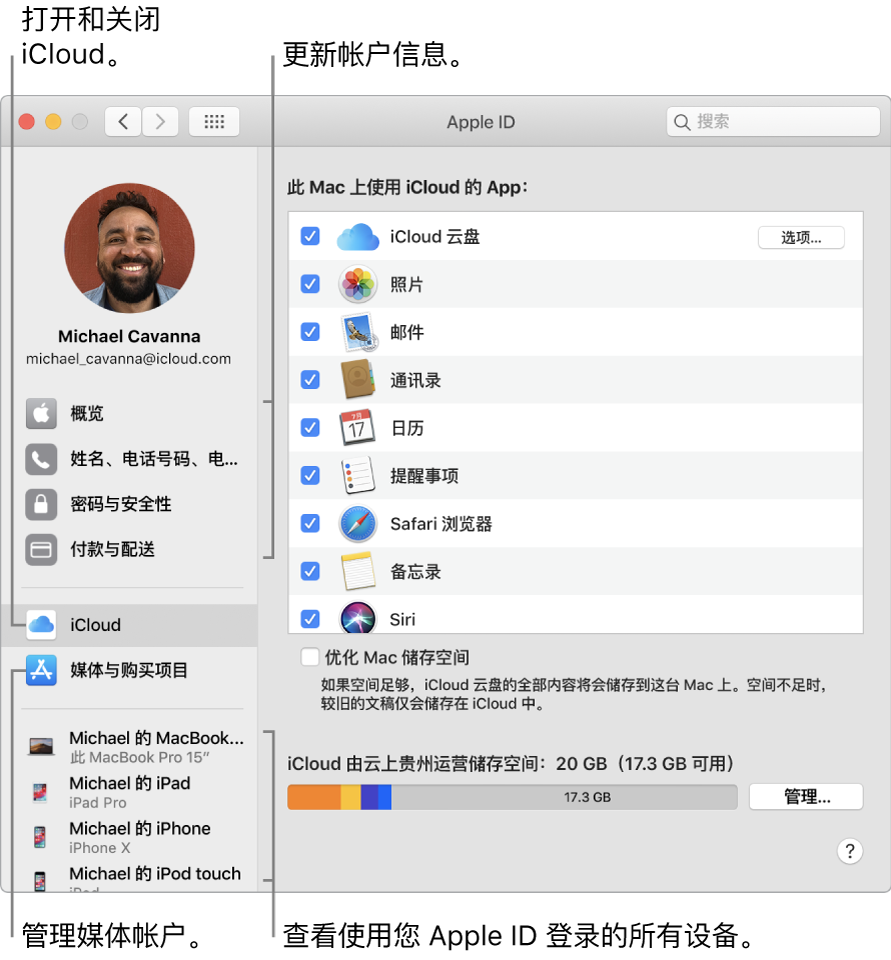 “系统偏好设置”的“Apple ID”面板。点按边栏中的一项以更新帐户信息，打开或关闭 iCloud，管理媒体帐户，以及查看使用您 Apple ID 登录的所有设备。