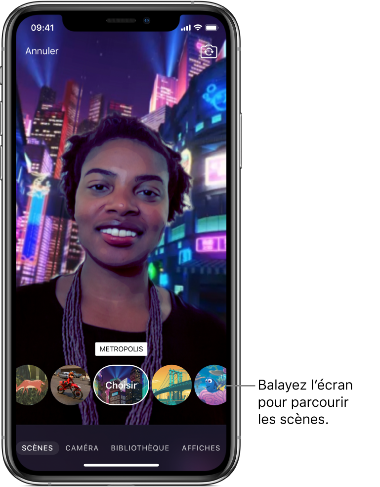 Une scène en selfie dans le visualiseur, avec les options de scène en bas.