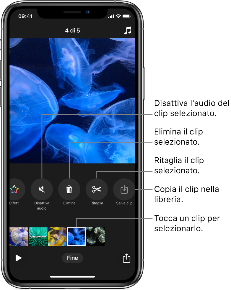 L’immagine di un video nel visualizzatore, con una fila di clip in basso e i pulsanti per disattivare l’audio, eliminare, tagliare o salvare il clip selezionato.