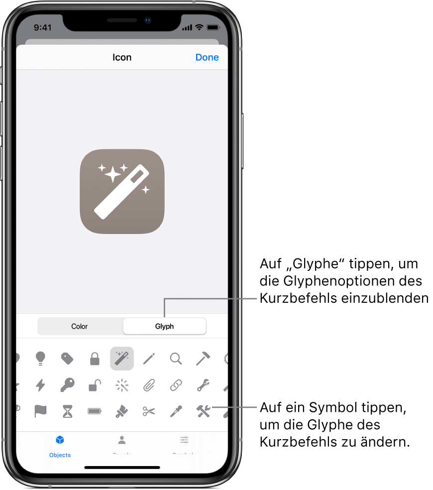 Bildschirm „Symbol“ mit den Glyphenoptionen für den Kurzbefehl.