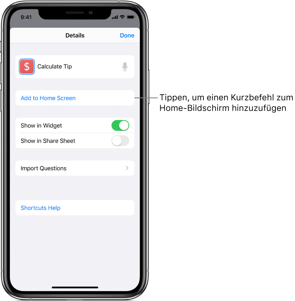 Der Bildschirm „Details“ der App „Kurzbefehle“ mit der Taste „Zum Home-Bildschirm“.