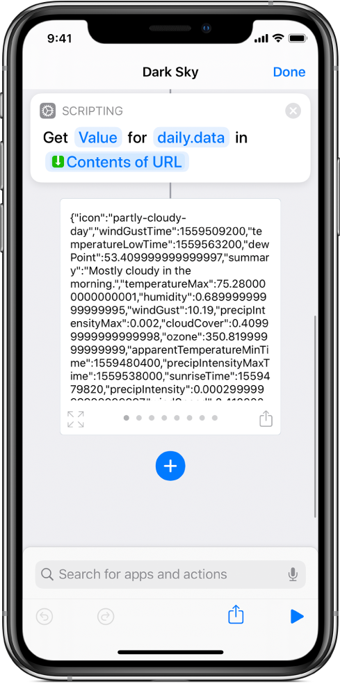 Get Dictionary Value action in the shortcut editor with the key set to data.