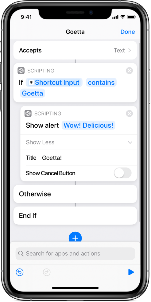 Example shortcut with "If" actions.