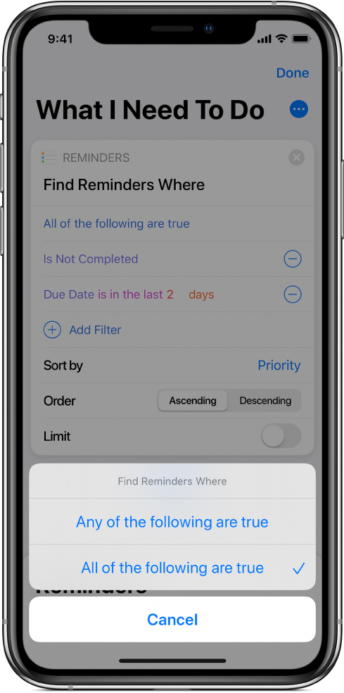 Find Reminders Where action showing the “All the following are true” options.