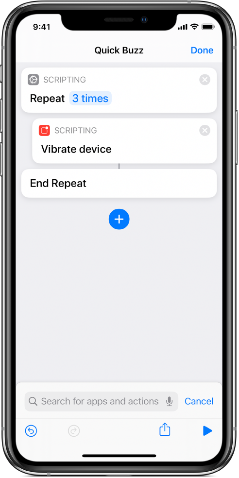 Vibrate Device action set to repeat three times.