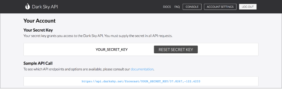 Dark Sky Secret Key.