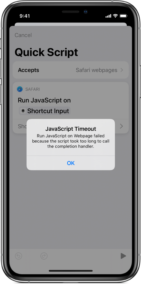 The shortcut editor showing a JavaScript Timeout error message.