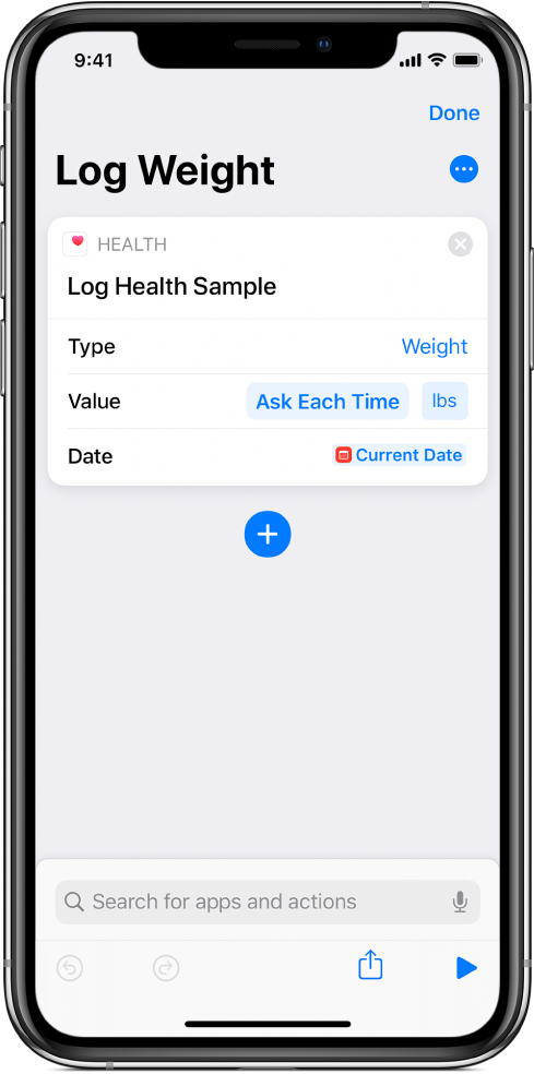 Ask Each Time variable token in the Date field of the Log Health Sample action.