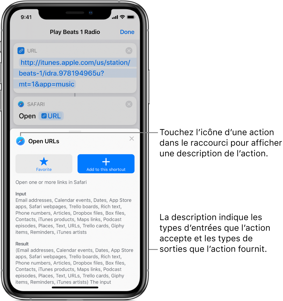 Éditeur de raccourci montrant une description de l’action Ouvrir les URL.